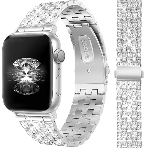 JR.DM Metallarmband för kvinnor kompatibelt med Apple Watch, metallarmband 38 mm, 40 mm, 41 mm, 42 mm, 44 mm, 45 mm, 49 mm, blank, strass, metall, reservdel till Apple Watch