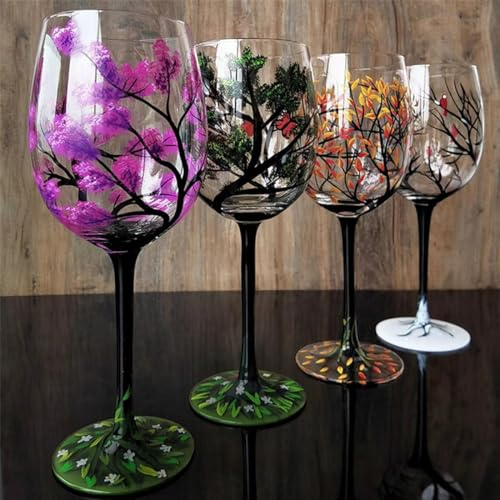 HEAMOS Vier Jahreszeiten Baum Weingläser - Handbemalte Kunst Weinglas, Frühling Sommer Herbst Winter Farbig bemalte Glaswaren Dekorative Weingläser Set (Weingläser mit Stiel, 4er Set)