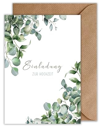 WBdesignz 10x Einladung Hochzeit mit Umschlag - Eukalyptus Karte Hochzeit - Einladungskarte mit Eukalyptus Blättern Hochzeit (DIN A6)