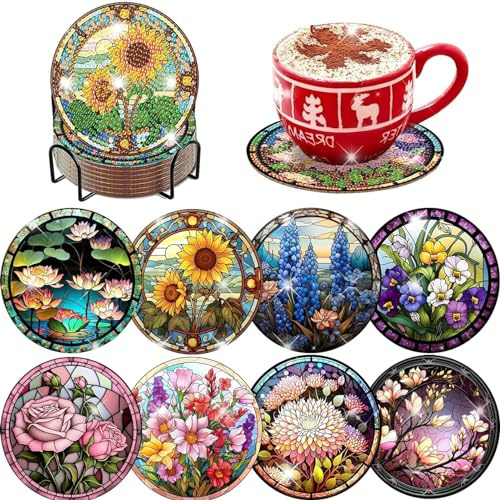 8 Pcs Flowers Diamond Art Coasters Kits with Holder - 5D Diy Diamond Painting Coasters Mosaic Kits for Adults - Round Full Drill Arts and Crafts for Adults and Beginner