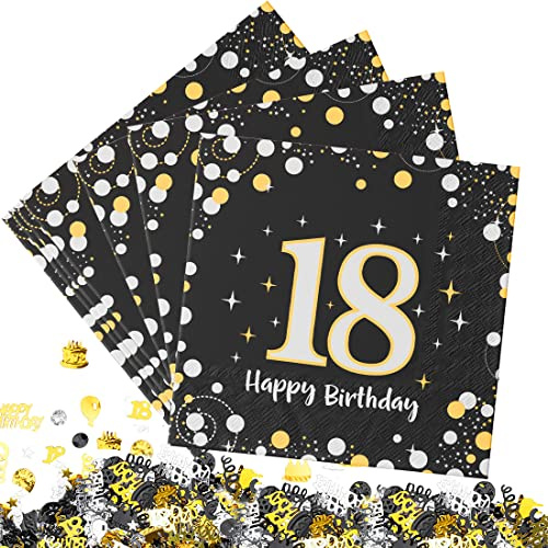 Deko 18. Geburtstag Junge Servietten 30 Stuick, Serviette 18. Geburtstag Schwarz Gold mit Konfetti, 3-Lagig Servietten Happy Birthday Geburtstagsdeko Tischdekoration