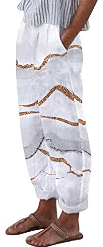 Sommerhose Damen Leicht 7/8 Leinenhose Sommer High Waist Hosen Elegant Stoffhose Frauen Linen Jogginghose Luftig Hose Mit Tunnelzug Taschen Lockere Baumwolle Boho Strandhose Pumphose (1-Grau, M)