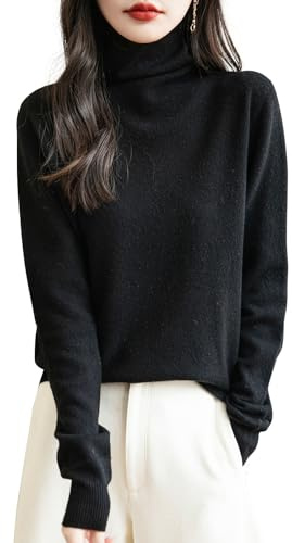 Chanyarn Cashmere Style Sweater for Women Fall Winter Long Sleeve Seamless Knit 100% Merino Wool Warm Soft Turtleneck Pullover Sweater (Black,M)