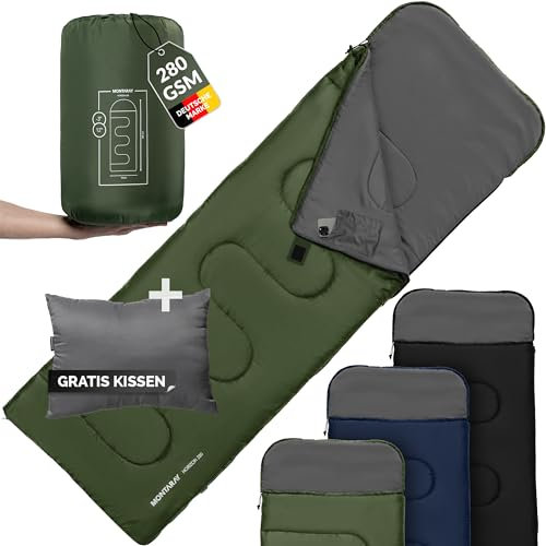 MONTARAY Deckenschlafsack mit Kapuze bis -5°C INKL. KISSEN - Outdoor Winter-Schlafsack & Sommer-Schlafsack 280GSM 3-4 Jahreszeiten - Hütten-Schlafsäcke Damen & Herren - Sleeping Bag warm, ultra-leicht