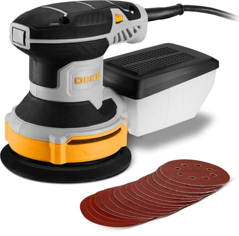 DEKOPRO Levigatrice Orbitale 300W - 6 velocità variabile 14000RPM Levigatrice Rotorbitale, 125mm strumento di levigatura manuale, sistema di raccolta della polvere ad alte prestazioni