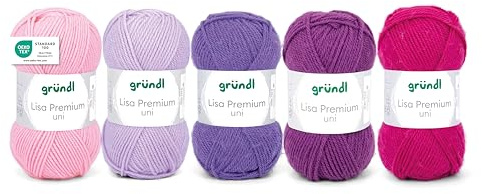 Gründl Filato Lisa Premium uni - Filato per maglieria e uncinetto - Morbido e delicato sulla pelle - 100% poliacrilico -5 gomitoli da 50 g / 133 m - Misura ferri: 3,5-4,5 mm - 5 x 50g Rosa-Lilla