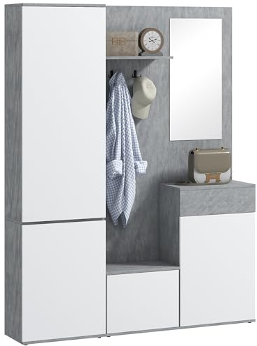 HOMCOM Mobile Attaccapanni da Ingresso 4 in 1 Grigio e Bianco | Specchio, Ganci e Ripiani Regolabili Interni, Mobile da Ingresso Multiuso in Legno con Cassetto, 145x29x184 cm