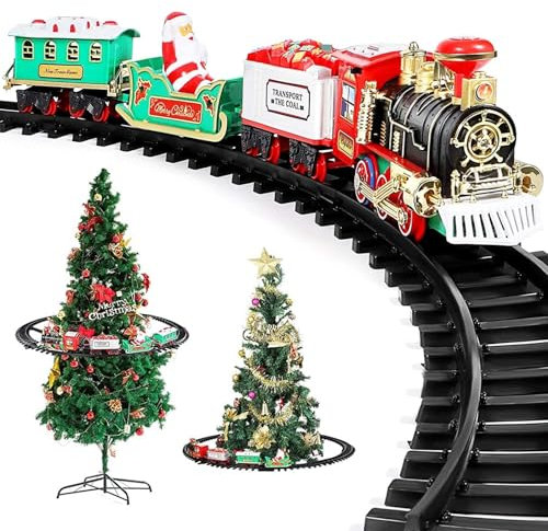 Trimming Shop Christmas Tree Train Set - Around the Xmas Tree Decoration with Lights & Realistic Sound, Battery Operated Festive Toy Train Set for Xmas Holiday Décor, Gift for Kids Children Families