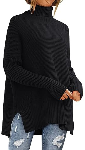 Pulls à col bénitier pour femmes UK Dames Pulls longs pour femmes Couleur unie Col roulé Manches longues Tricot confortable Pull-over, Noir , XL