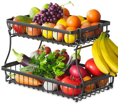 Foensc Corbeille à fruits à 2 niveaux avec 4 crochets de banane, bol à fruits amovible amélioré pour comptoir, panier de rangement en fil métallique de grande capacité, support de fruits pour pain,