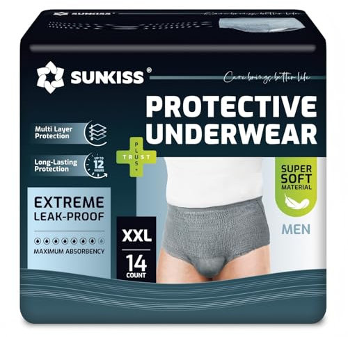 SUNKISS Pañales para Hombre con Incontinencia Protección Diurna Desechable Adultos Ropa Interior Absorbente con Máxima Gris Talla XXL 14 Unidades