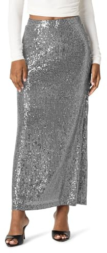 Falda larga de cintura alta con lentejuelas brillantes para mujer, falda larga ajustada a la figura, faldas formales, vestido de fiesta de baile, patinador con pantalones cortos, plata, XL