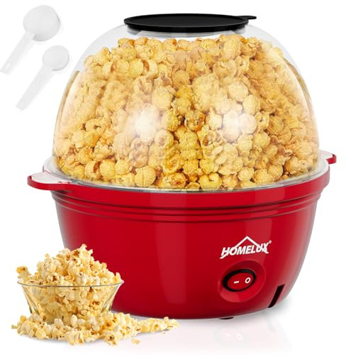 HOMELUX Macchina per popcorn popcorn da 450 W, con misurino, rivestimento antiaderente, popcorn popcorn popper per casa, feste e bambini, coperchio come piatto da portata, silenzioso e rosso rapido