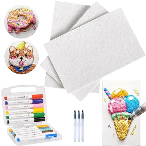 Magic Puffy Paint Art, Magisches Textur-Malset, 3D Zeichnung Magic Canvas Schwamm, Foam Texture Painting Kit mit 12 Farben Stifte für Kinder DIY