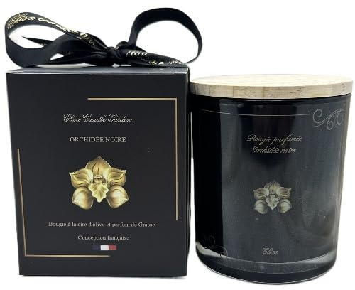 Bougies Parfumées Orchidée Noire, Cadeau à la Cire d'olive Biodégradable, Mèche en coton, Parfum de Grasse, Longue durée 40 Heures 200g, Fabrication Française