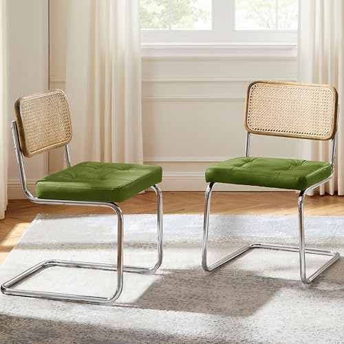 Zouron Schwingstühle 2er Set Grün - Besucherstuhl mit Eichenholz, Freischwinger Stühle, Avocado Grün Kunstleder Rattanstühle, Esszimmerstühle Geflecht-Stuhl Dining Chair, Polsterstuhl Chrom
