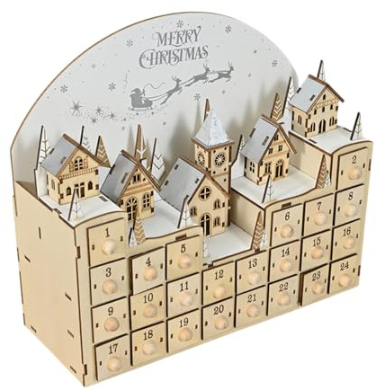 Calendario de Adviento con luz LED de madera, caja de calendario de cuenta regresiva de Navidad con decoración de árbol y renos iluminados por LED, decoración de árbol de Navidad