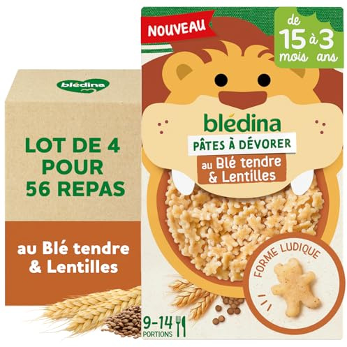 Blédina Pâtes à Dévorer 15 mois à 3 ans - Duo Féculents-légumes pour Diversification Alimentaire Bébé - Forme Ludique, Sans Sel Ajouté - Blé Tendre & Lentilles