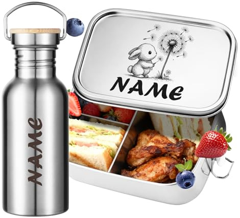 OXYEFEI Personalisierte Brotdose und Trinkflasche set mit Namen und Motiven | Edelstahl-Brotdosen und Wasserflaschen Set Geschenke für die Einschulung Mädchen und Junge (600 ml Wasserflasche)