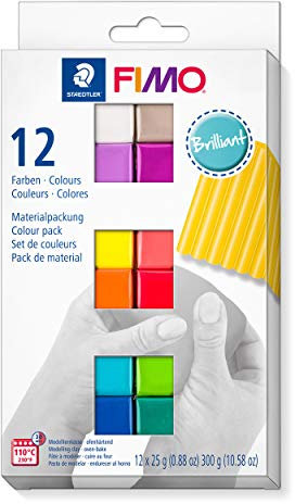 STAEDTLER ofenhärtende Modelliermasse FIMO soft brilliant colours, weich und geschmeidig, speziell für Einsteiger und Hobbykünstler, 12 Halbblöcke á 25g in sortierten Farben, 8023 C12-2