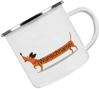 Crealuxe Emaille Tasse personalisiert 'Dackel ', Becher mit Name und Spruch, Camping Tasse