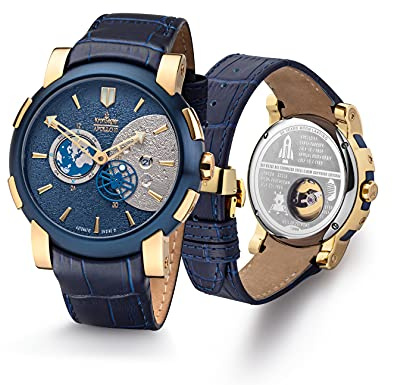 Kronsegler Apollo 11 Herren Armbanduhr Automatik mit Lederband Gold-blau limitiert No. 001/999 mit 1 OZ. Silbermünze 50 Jahre Apollo 11