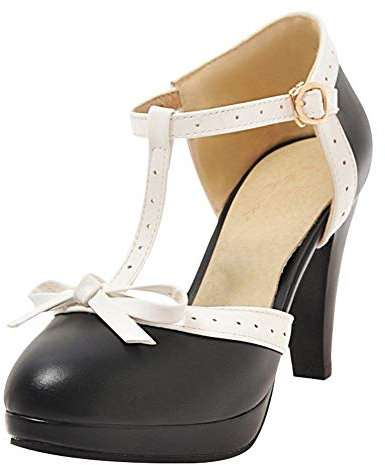 T Strap Pumps Blockabsatz High Heels Plateau Vintage Retro Rockabilly Damen Schuhe(Schwarz,39)