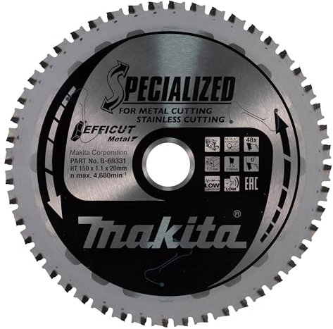 Makita B-69331 EFFICUT Kreissägeblatt Ø 150 x 1,1 x 20 mm, 48 Zähne, 0° Zahnwinkel, vibrationsarm, für saubere und schnelle Schnitte in Metall, Edelstahl, für Akku-Handkreissägen