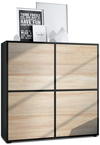 Vladon Highboard Cuba V2 Schrank 104 x 105,5 x 35,5 cm Sideboard mit 8 Fächern, Made in Germany, Korpus in Schwarz matt/Fronten in Eiche sägerau
