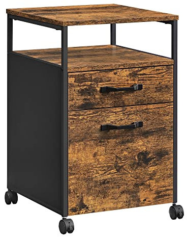 VASAGLE Filing Cabinet, Mobile File Cabinet with 2 Drawers, Office Cabinet on Wheels, for A4, Letter-Size Hanging File Folders, Open Shelf, Steel Frame, Rustic Brown and Ink Black OFC71X