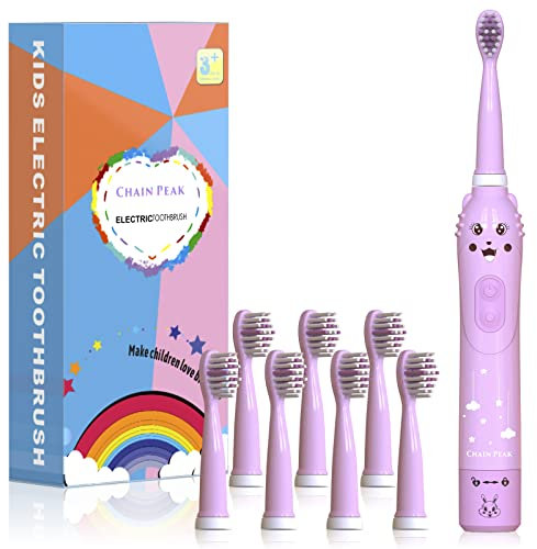Kids Rechargeable Electric Toothbrush, Cartoon Sonic Toothbrush for Kids 3-12 Years Old, 30 Second Reminder, 2 Minute Timer, 6 Modes, 8 Brush Heads