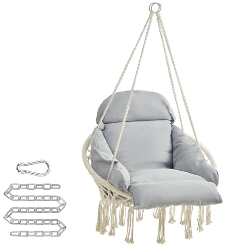 SONGMICS Hängesessel, Dickes Kissen, bis 120 kg belastbar | Hängeschaukel, Hängestuhl, skandinavischer Stil, Zubehör inklusive, cremeweiß-taubengrau, SOGNIA Kollektion GDC042G01V2