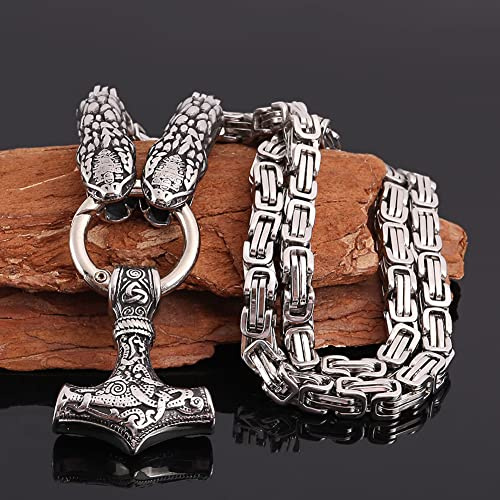 WDBAYXH Men's Gothic Punk Ouroboros Thor's Hammer Pendant Necklace, Viking Double Snake Mjolnir Amulet, Biker Stainless Steel Byzantine King Chain, Celtic Pagan Jewelry,Silver,80CM