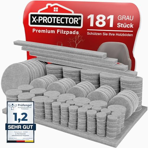 X-Protector Filzgleiter 181 Stück - Prämie Möbelgleiter Grau - Dicker Filz Selbstklebend - Bodenschoner für Stühle - Große Menge an Filzgleiter Selbstklebend - Schützen Sie Ihre Holzfußböden