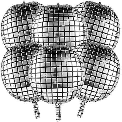 6 Palloncini a Sfera da Discoteca a Specchio Argento 56 cm 360 Gradi 4D in Alluminio Metallizzato - Decorazioni per Feste Anni '60 '70 '80 90