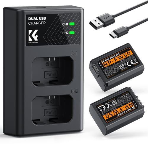 K&F CONCEPT NP-FW50 Kameraakku Ladegerät, 1100mAh Batterie 2 Pack Ladeset für Sony ZV-E10 A6000, A6500, A6300, A6400, A7, A7II, A7RII, A7SII, A7S, A7S2, A7R, A7R2, A55, A5100, A5000,A3000, A55,RX10