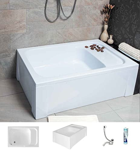 ECOLAM® Duschwanne Rechteck Rony Polimat 120x80 cm mit Schürze Acryl weiß tief Sitz Ablage Ab- und Überlaufgarnitur Silikon Komplettset