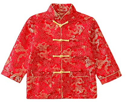 Boy Tang Suit Dragon Long Sleeve Shirt Chinese New Year outfit Chinese Traditional Clothes for Kids (Red,3-4 Years)