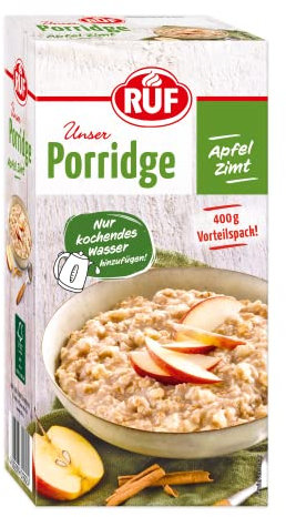 RUF Porridge Apfel Zimt, mit Vollkorn-Haferflocken, feiner Zimt-Note und getrockneten Apfel-Stückchen, für Zwischendurch, Vorratspackung, 1 x 400g