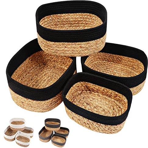 Lannvan Aufbewahrungskorb 4er Set aus Wasserhyazinthe und Baumwolle,Körbe Korb Geflochten Körbe Aufbewahrung Storage Basket Aufbewahrungskörbe für Bad Badezimmer Kinderzimmer Wickeltisch,Schwarz
