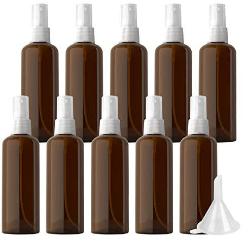 LusDoly 20 Stück, 100ml Braun Plastik Kunststoff Sprühflasche Mit Transparent Sprüher Nachfüllbar Sprühflaschen Leer für Parfümzerstäuber Zerstäuberflasche Reise Flakons