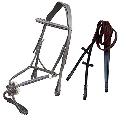 Exion Anatomische Figur 8 Trensenzaum mit breitem Mono-Kronenstück, ausgefallene Nähte, quadratisch, erhöhtes Nasenriemen, weiche Polsterung an Krone, Stirn und Nasenriemen, Gummigriffzügel für Pferde
