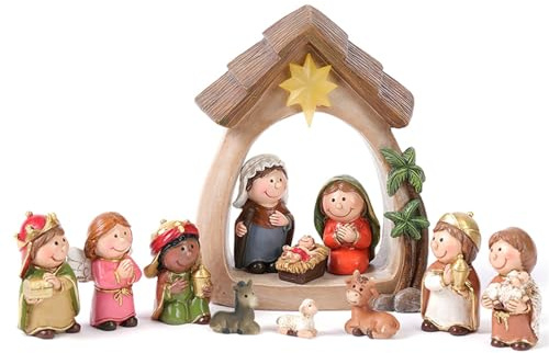 ESSECMBS Light Up Christmas Nativity Scene Silhouette Holy Family Figurine Set Resin Jesus Christ Statues Tabletop Ornament Christmas Decorations Indoor (Colorful, One Size)