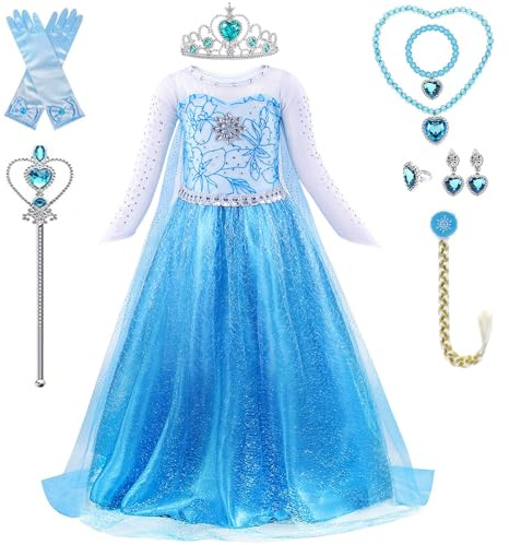 PABTID Elsa Mädchen Prinzessin Kostüm - Eiskönigin Elsa Kinder Kleid mit Krone Diadem Handschuhe Zauberstab Halsketten Set für Karneval Verkleidung Halloween Weihnachten Cosplay Party (140)