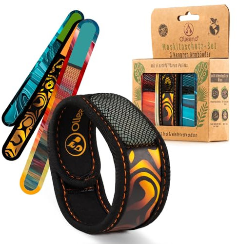 Olleeno® Mückenschutz Armband Moskito Insektenschutz Armbänder für Outdoor Camping Wandern Sport Anti Mückenarmband Neopren mit verstellbarem Klettverschluß (3 Stück + 6 Nachfüll-Pellets)