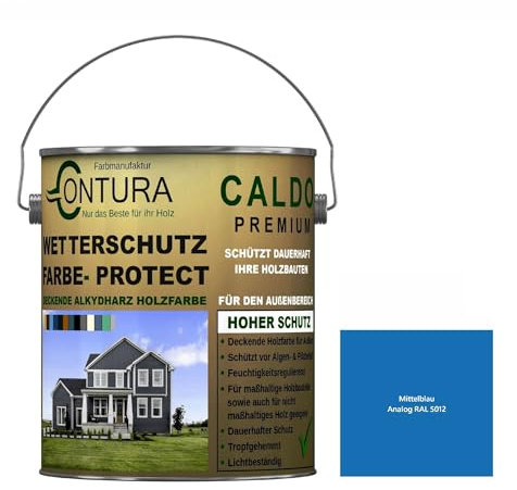 Contura Wetterschutzfarbe 500ml. Holz Dauerschutzfarbe Deckend Buntlack Holzfarbe Holzlasur Seidenmatt (Mittelblau - RAL 5012 Analog)
