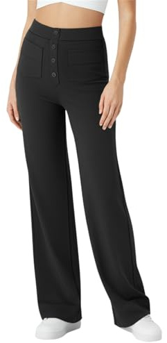 SotRong Black Wide Leg Stretchy Trousers for Women Elasticated High Waisted Button Multiple Pockets Pull On Straight Leg Casual Slack Trouser Style Yoga Pants Summer Leisure Palazzo Pants 2XL