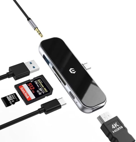 Tymyp Adaptador USB C para iPad Pro, concentrador USB-C 6 en 1 con 4K HDMI/PD 100 W/USB 3.0 y 3,5 mm auriculares Jack/SD/TF Ranuras Compatible con iPad Pro 2020 2019 2018, iPad Air 4/iPad Mini 6 (6 en