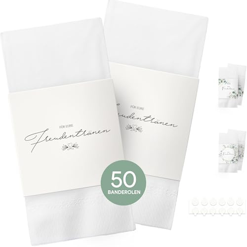 Freudentränen Taschentücher Banderole - 50 Stück, Hochzeitsideen, Taschentücher für Kirche, inkl. Klebepunkte