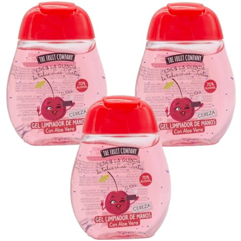 The Fruit Company Gel detergente per le mani ciliegia, confezione da 3 pezzi, 45 ml, 70% alcool con aloe vera, formato tasca